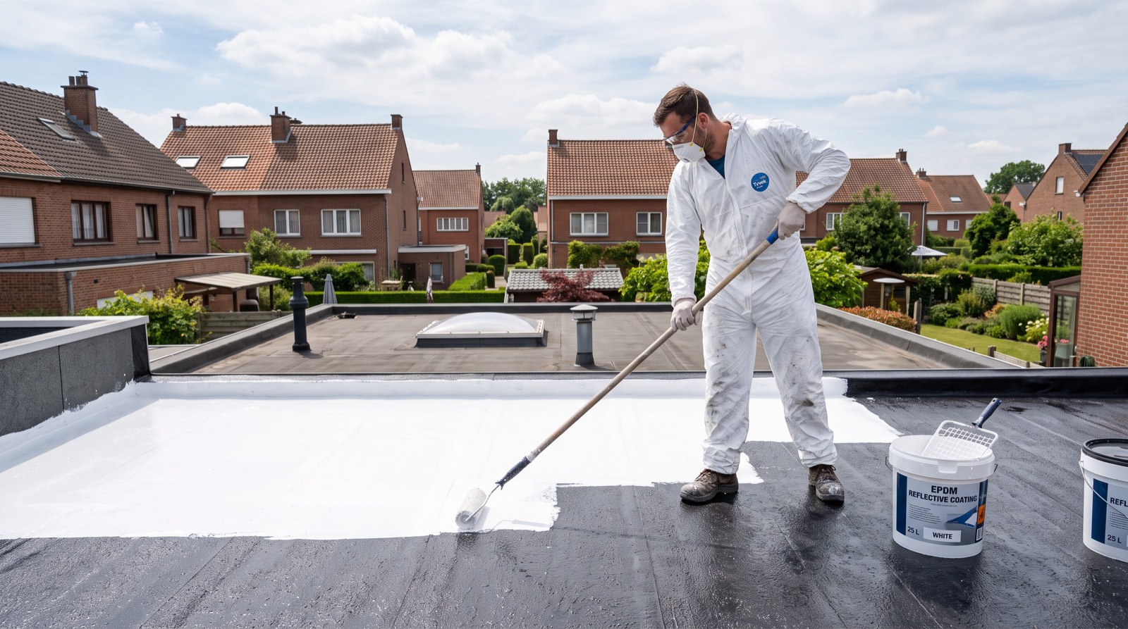 Application au rouleau d’un revêtement réfléchissant blanc sur une toiture plate en roofing