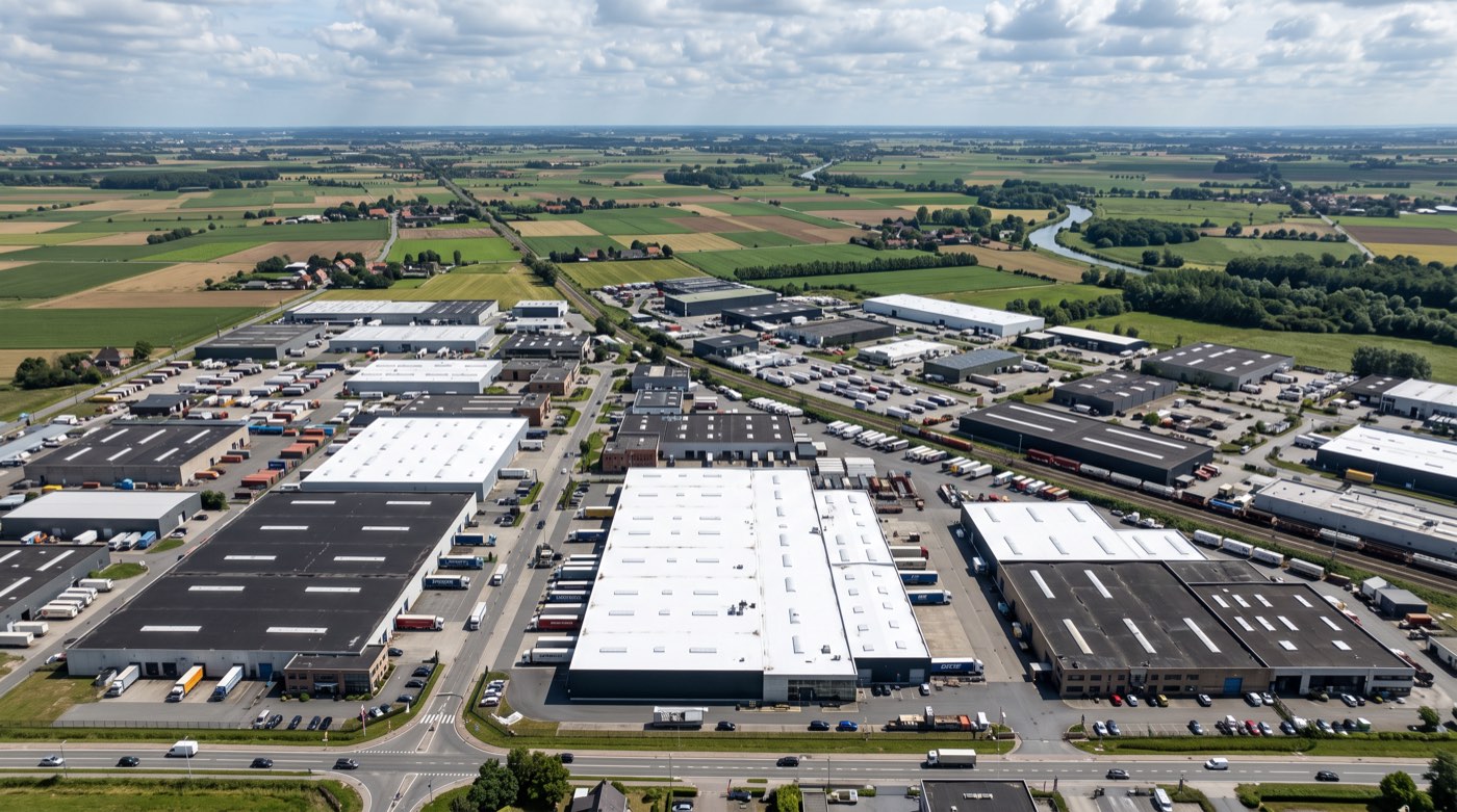 Grande toiture industrielle ou commerciale recouverte d’un revêtement blanc réfléchissant