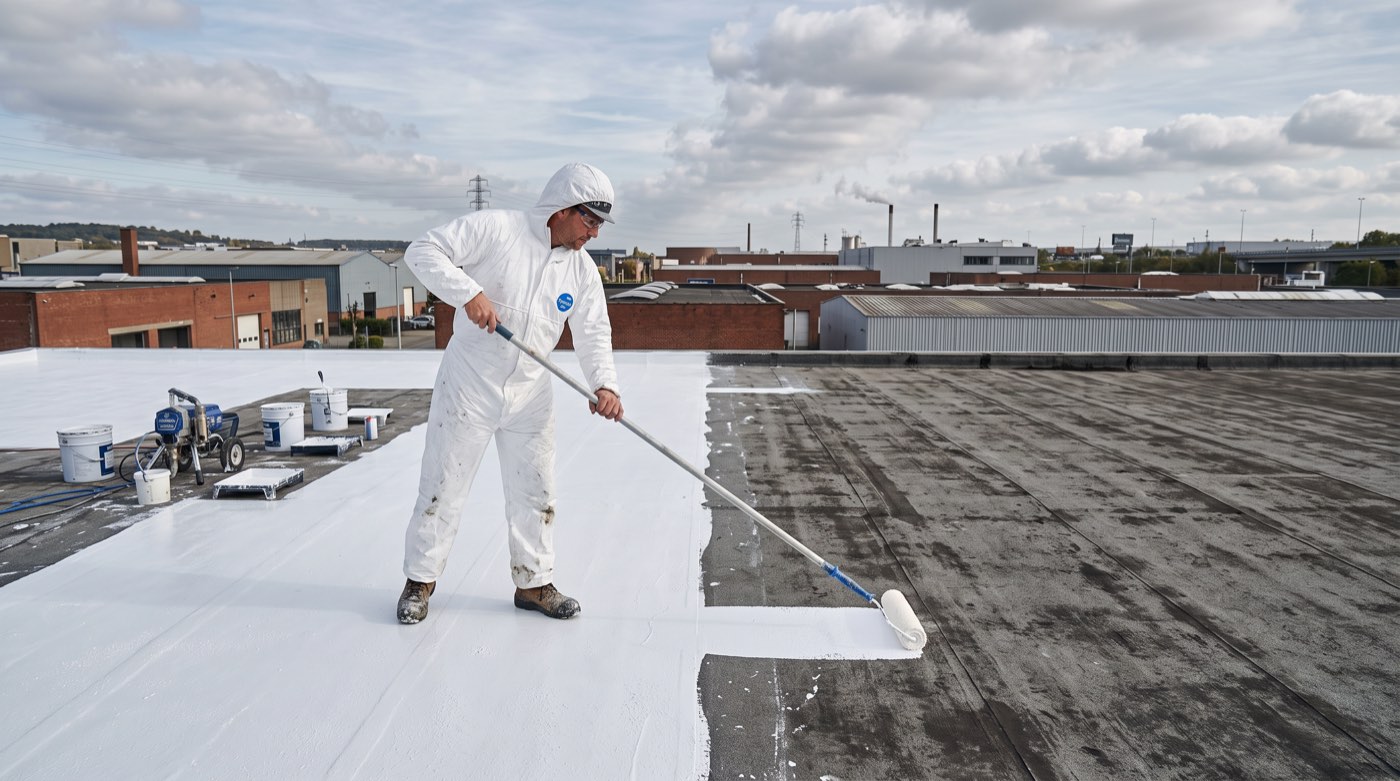 Grande toiture industrielle ou commerciale recouverte d’un revêtement blanc réfléchissant