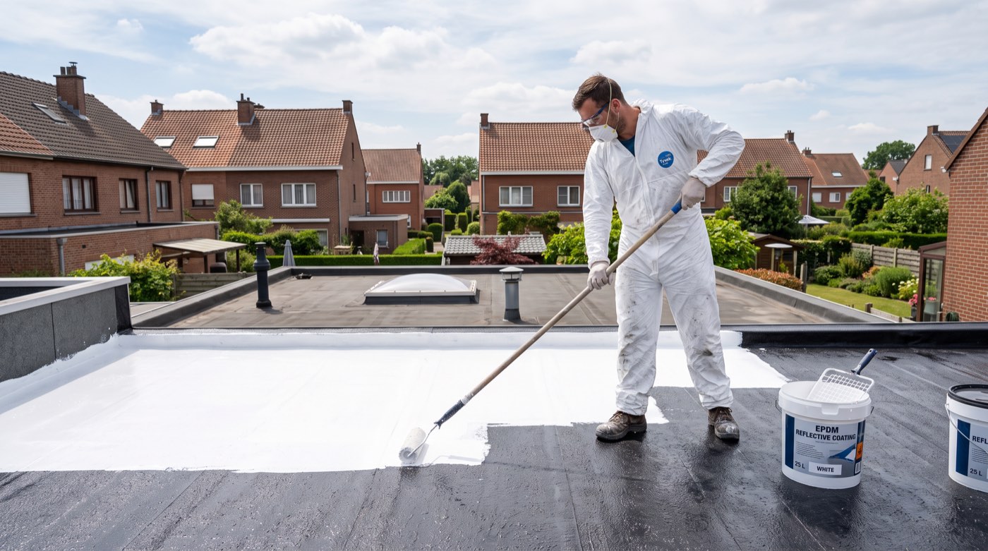 Toiture plate résidentielle recouverte d’un revêtement blanc réfléchissant