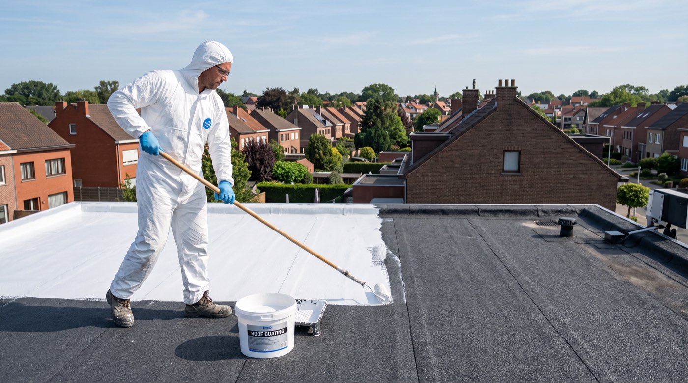 Toiture plate résidentielle recouverte d’un revêtement blanc réfléchissant