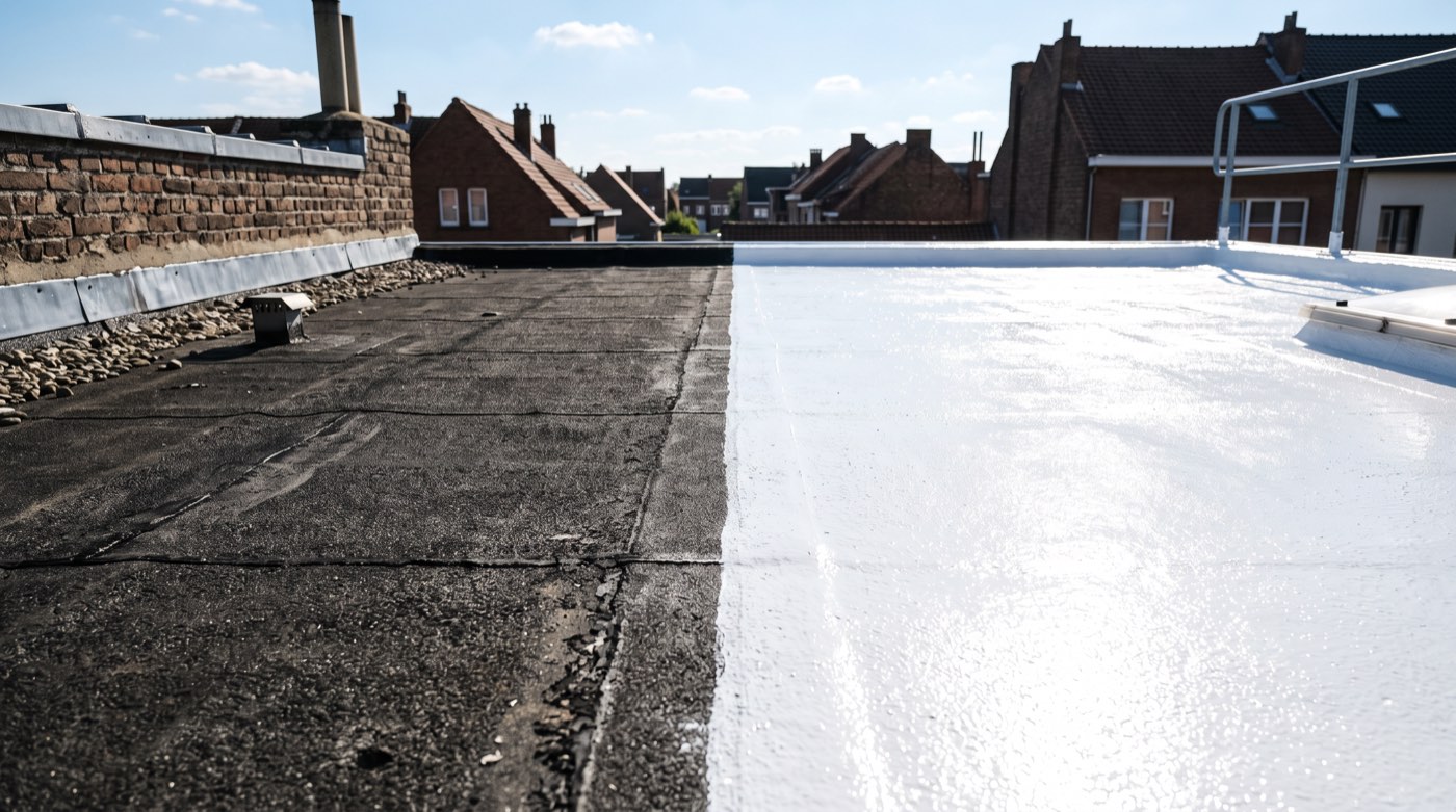 Toiture plate résidentielle recouverte d’un revêtement blanc réfléchissant