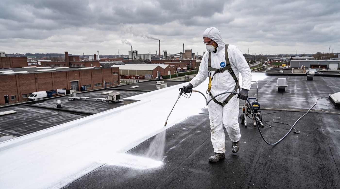 Grande toiture industrielle ou commerciale recouverte d’un revêtement blanc réfléchissant