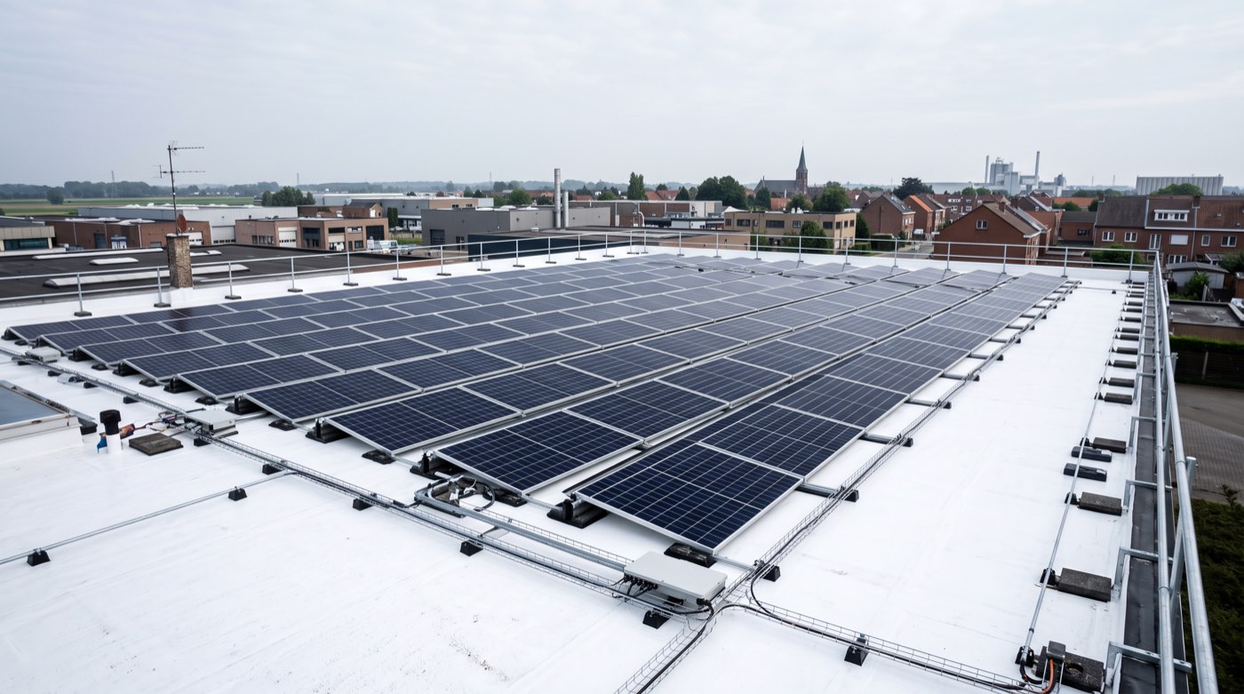Grande toiture industrielle ou commerciale recouverte d’un revêtement blanc réfléchissant