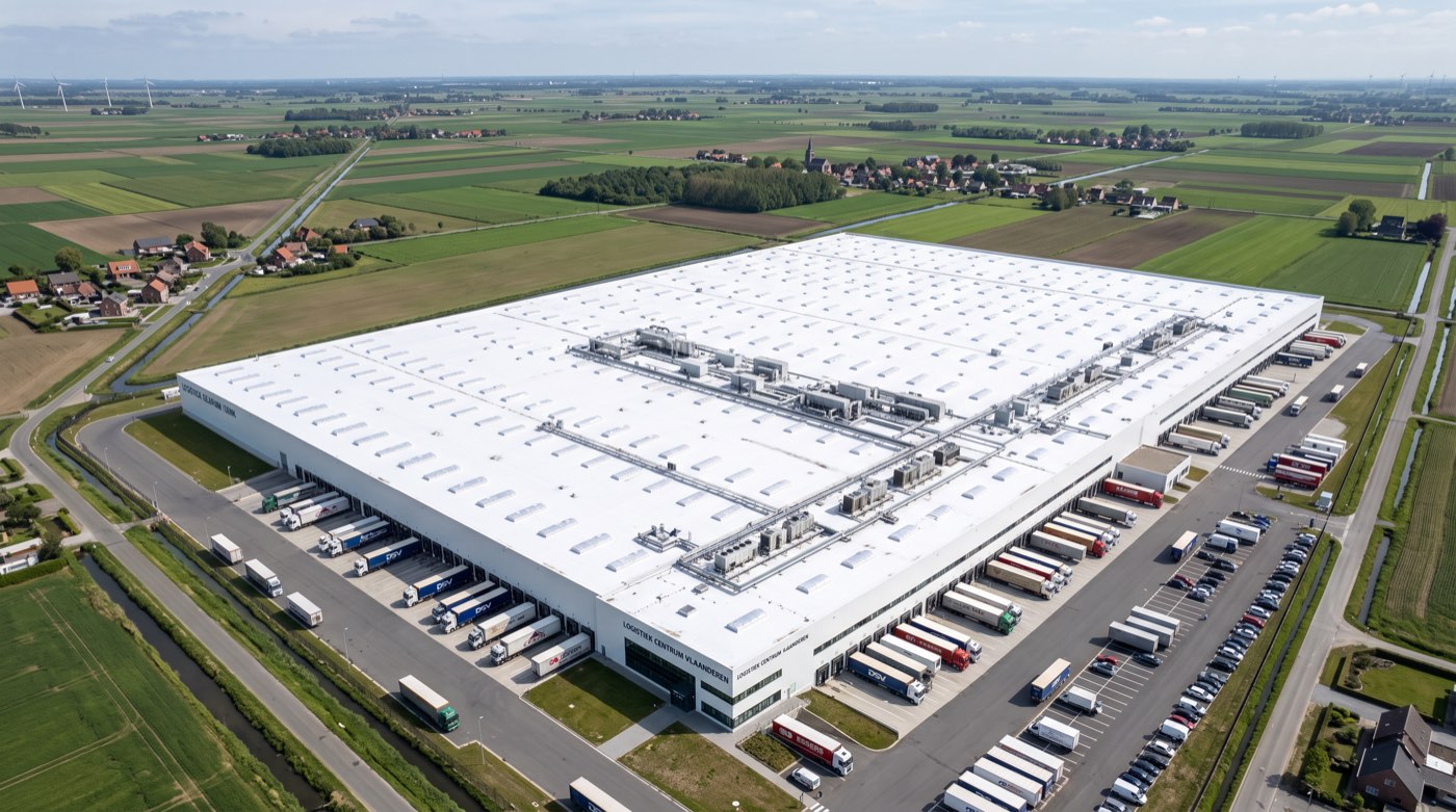 Grande toiture industrielle ou commerciale recouverte d’un revêtement blanc réfléchissant