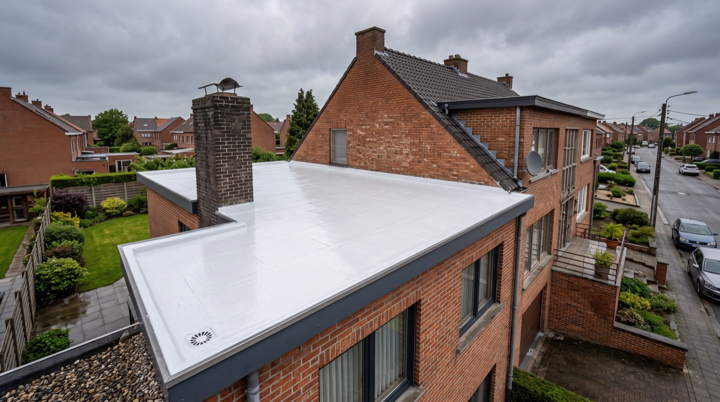 Toiture plate résidentielle recouverte d’un revêtement blanc réfléchissant