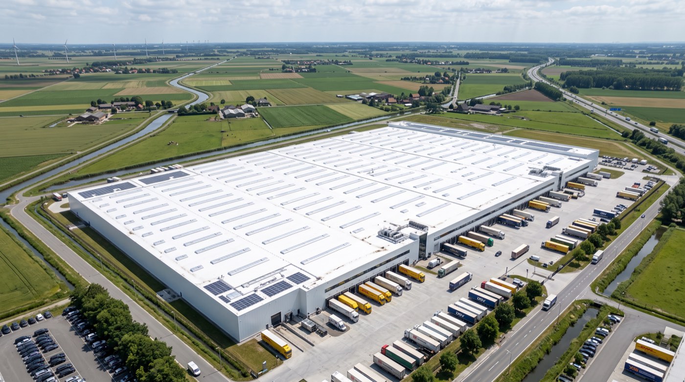 Grande toiture industrielle ou commerciale recouverte d’un revêtement blanc réfléchissant