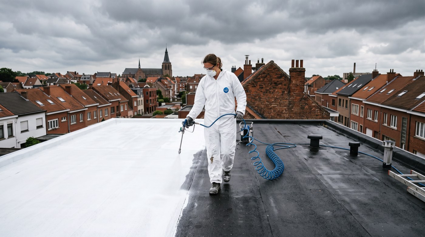 Toiture plate résidentielle recouverte d’un revêtement blanc réfléchissant