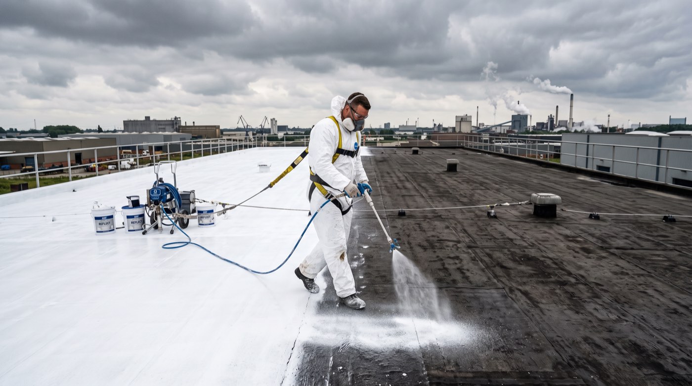 Grande toiture industrielle ou commerciale recouverte d’un revêtement blanc réfléchissant