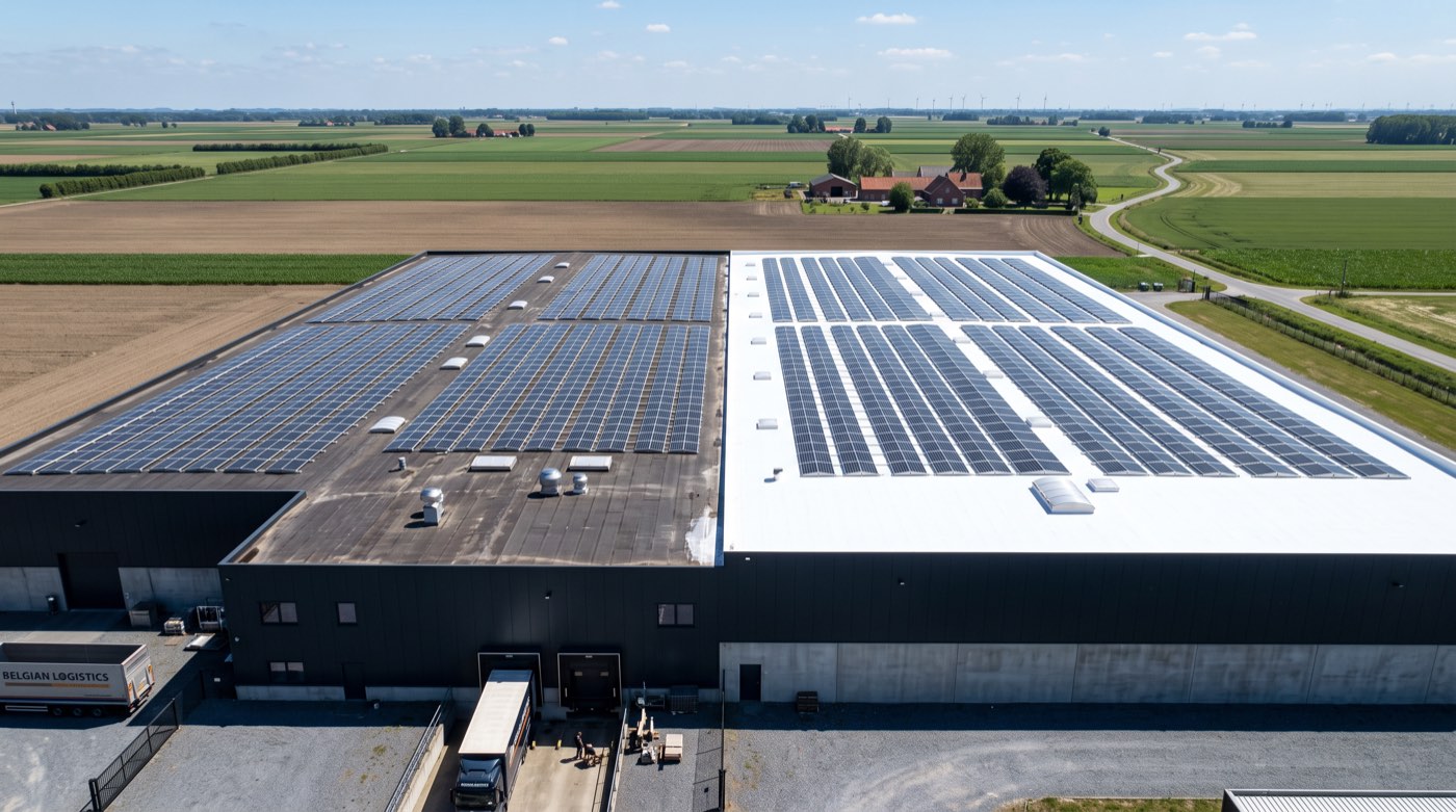 Grande toiture industrielle ou commerciale recouverte d’un revêtement blanc réfléchissant