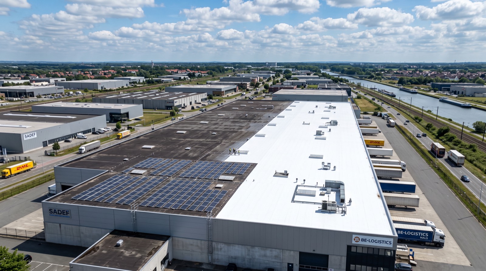 Grande toiture commerciale recouverte d’un revêtement blanc réfléchissant, vue aérienne
