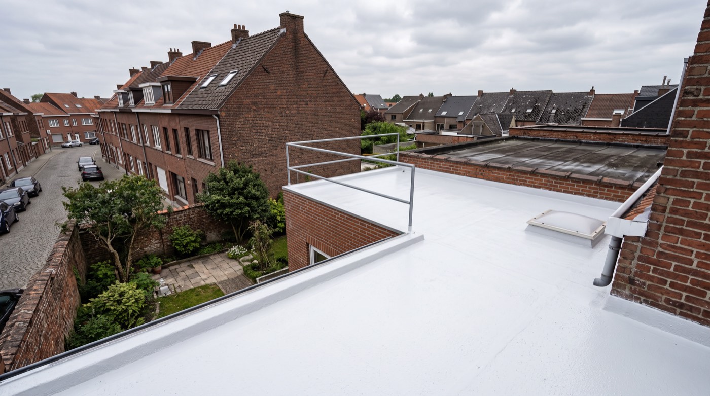 Toiture plate blanche propre et bien entretenue, conservant sa réflectivité